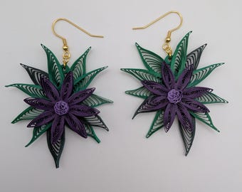 Pendientes florales de filigrana de papel / Joyería botánica llamativa de amatista y esmeralda