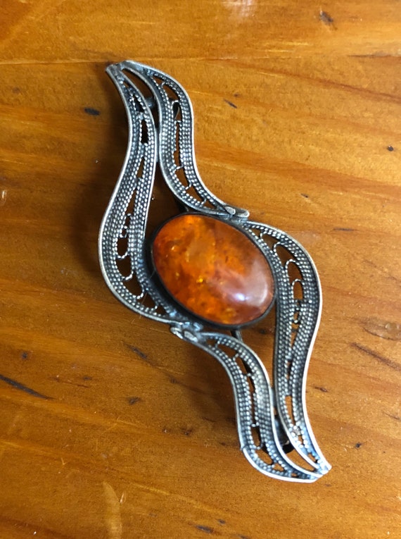 Very Fine Silver Filagree and Amber Pin