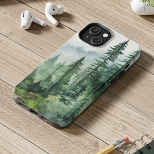 Custodia rigida per iPhone con motivo foresta acquerello, regalo per papà, regalo per amanti dell'aria aperta, boschi, iPhone 11, iPhone 12, iPhone 13, iPhone 14, iPhone 15, iPhone 16