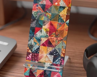 Quilt Look Mobile Display Stand for Smartphones, Stocking Stuffer, Gift, Unique Phone Holder, Fabric Pattern Dock, Christmas Tech Accessory