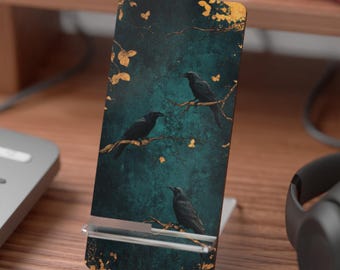Smartphone Stand, Dark Ravens Gothic Gold Accents Dark Academia Gift, Phone Holder, Desk Organizer, Cell Phone Dock, Halloween Decor