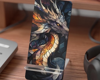 Phone Stand, Dragon Stained Glass Look Medieval Dark Gift, Smartphone Holder, Cell Phone Mount, Desk Organizer, Tech Accessory