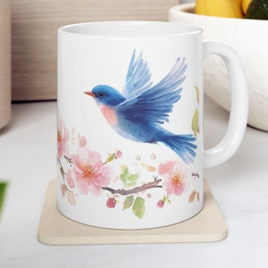 Blue Birds and Roses Ceramic Mug, Watercolor Style 11oz - Great Gift, Floral Coffee Cup, Blue Bird Tea Mug, Nature Lover Gift, Mother&#39;s Day
