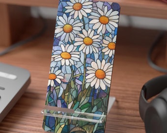 Phone Stand, Daisies Stained Glass Look, Flowers Nature Gift, Smartphone Holder, Tech Accessory, Desk Organizer, Home Decor