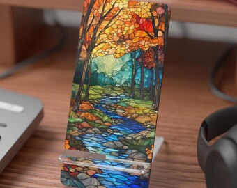 Mobile Display Stand, Stained Glass Look, Forest Nature Woods Stream Gift, Phone Holder, Smartphone Dock, Desk Organizer, Office Decor,