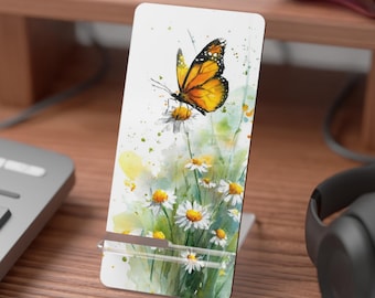 Mobile Display Stand, Butterfly Watercolor Look Nature Gift Daisies Phone Holder, Desk Organizer, Cellphone Dock, Floral Decor, Tech
