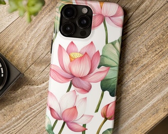 May include: A white phone case with a floral design featuring pink and white lotus flowers and green leaves.