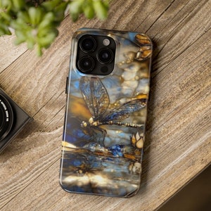Custodie per telefono resistenti con effetto vetro colorato - Regalo libellula blu e oro per iPhone, custodia protettiva per telefono, accessorio unico per cellulare,