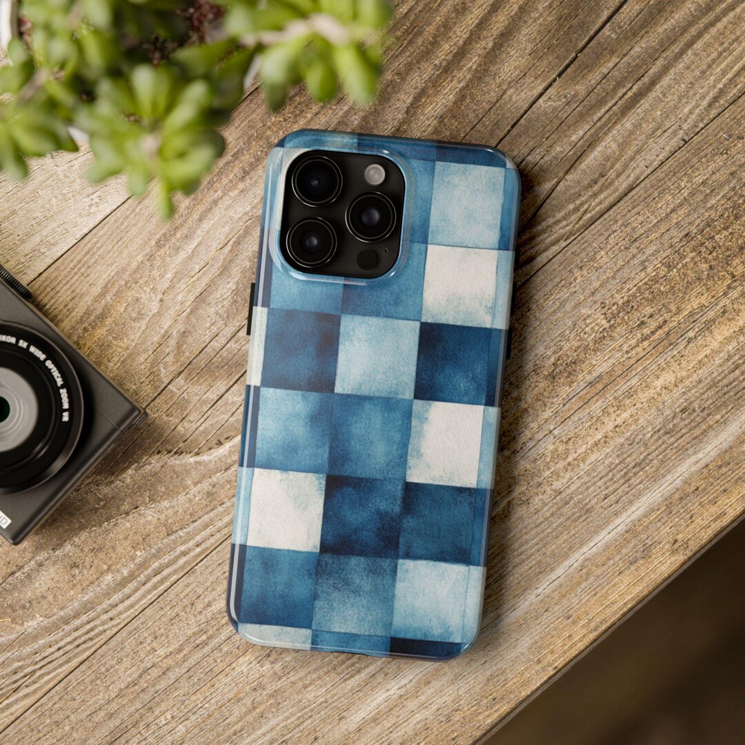 Tough Phone Cases, Trendy Checkered Board Blue Checkers Watercolor Look ...