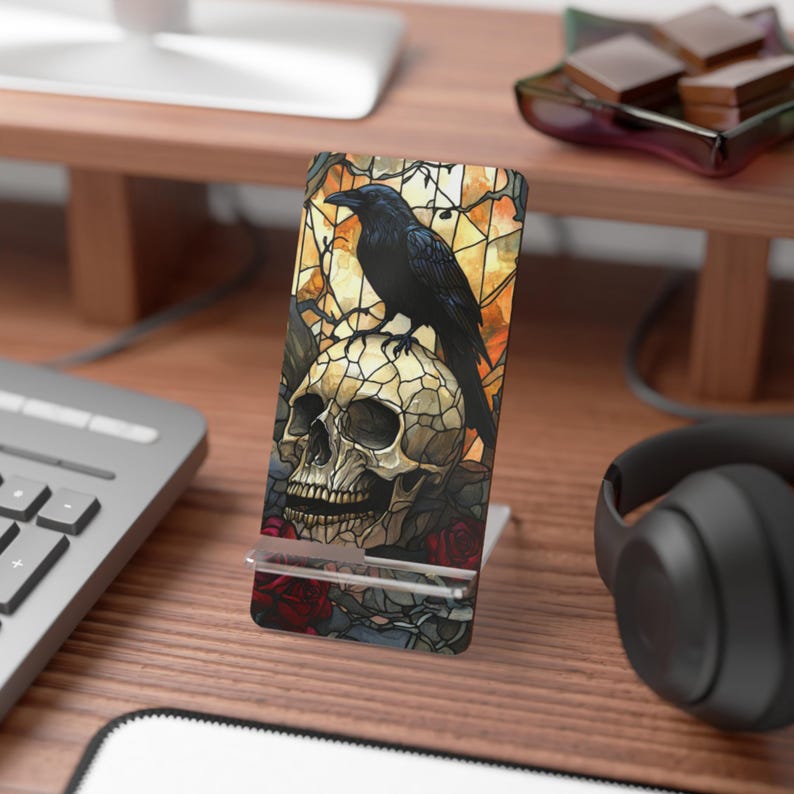 Mobile Display Stand, Stained Glass Look, Raven and Skull, Gothic, Dark Academia, Gift, Smartphone Holder, Desk Organizer, Tech Accessory, image 1