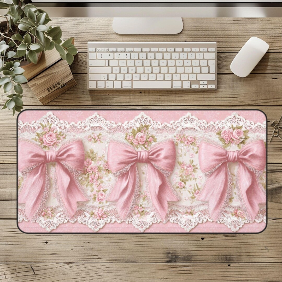 Pink Love Computer Mat Pink Bows Desk Mat - Girly Coquette Mousepad With Lace Edges, Gift for ...