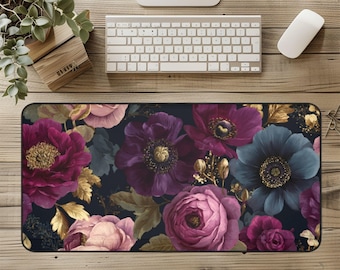 Large Dark Floral Desk Mat, Flower Lover Mouse Pad, Gold Burgandy Gift Work Accessories, Floral Office Decor, Desk Organizer, 16"x32"