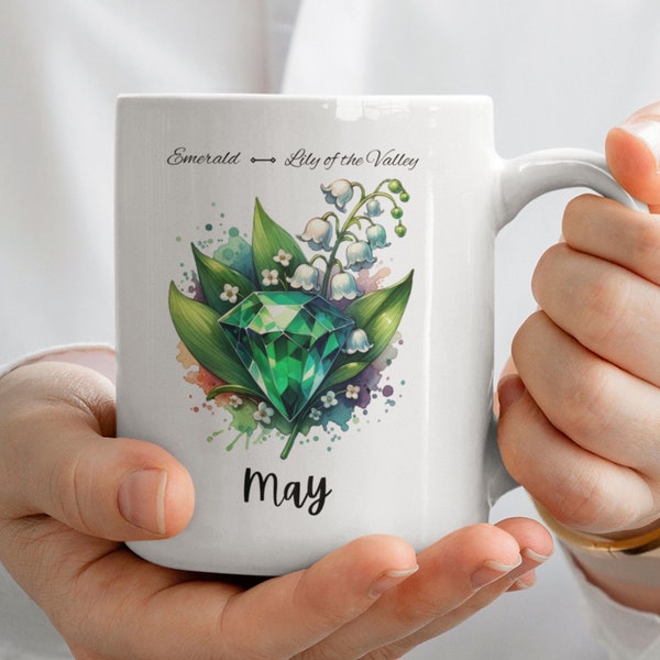 May Birthstone and Birth Flower Ceramic Mug,May Birthday gift,Emerald gem and Lily of the Valley Birth Flower, Gift for Mom born in May,11oz