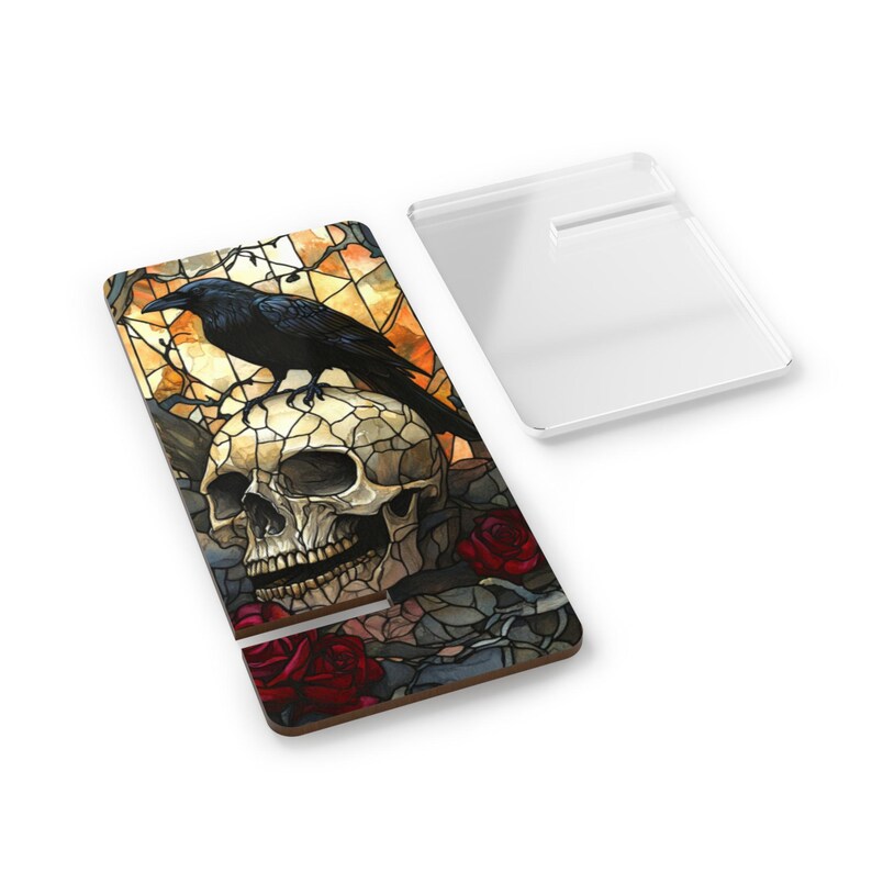 Mobile Display Stand, Stained Glass Look, Raven and Skull, Gothic, Dark Academia, Gift, Smartphone Holder, Desk Organizer, Tech Accessory, image 3