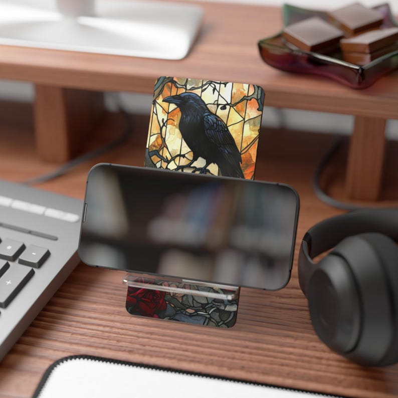 Mobile Display Stand, Stained Glass Look, Raven and Skull, Gothic, Dark Academia, Gift, Smartphone Holder, Desk Organizer, Tech Accessory, image 5