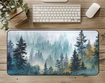 Desk Mat - Forest Nature Watercolor Look Trees Gift,Botanical Office Decor,Mouse Pad,Desk Accessory, Dorm Room Organizer, Cute Desk, 16"x32"