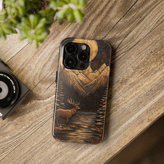 Wood Carved Look Tough Phone Case - Dear Buck Gift For Him Nature Mountains  Scenery iPhone Samsung, Protective Phone Case, Unique Phone
