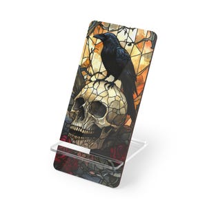 Mobile Display Stand, Stained Glass Look, Raven and Skull, Gothic, Dark Academia, Gift, Smartphone Holder, Desk Organizer, Tech Accessory, image 4