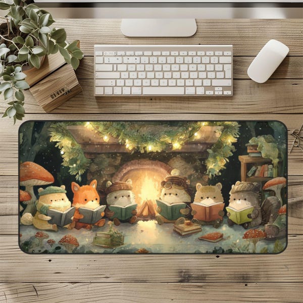 Woodland Critters Large Desk Mat - Animal Lover Books Christmas Gift, Cute Mousepad, Office Decor, Forest Animals Table Mat, Holiday, Gift