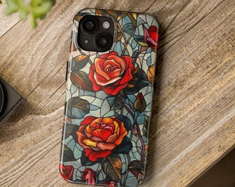 Stained Glass Roses Phone Case,Stained Glass look, Wild Rose Lover, Gift,Iphone 11, Iphone 12, Iphone 13, Iphone 14, Iphone 15, Iphone 16