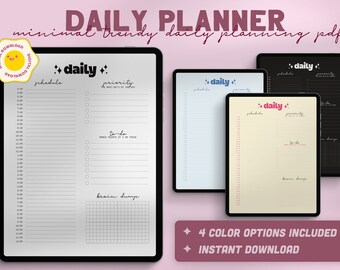 May include: Four digital daily planner templates in different colors: white, light blue, beige, and black. Each planner includes sections for schedule, priority, to-do, and brain dump.