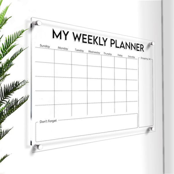 Weekly Planner on Acrylic Board | Wall Planner for Weekly Activities | Weekly Meal Planner | Clear Acrylic Weekly Planner