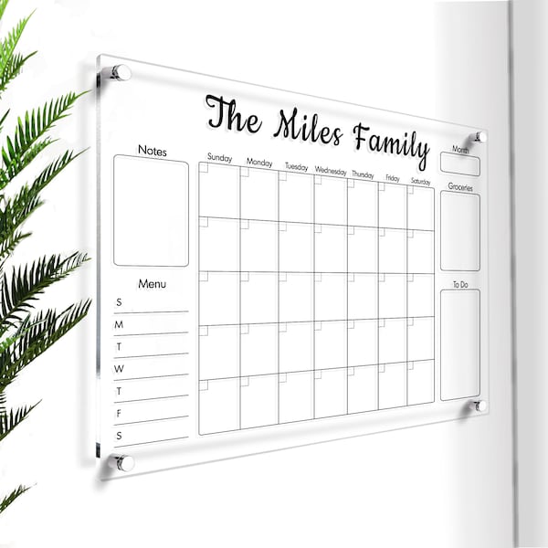 Large Acrylic Family Calendar | Personalized Monthly Planner | Large Dry Erase Wall Calendar | Family Whiteboard Planner | Acrylic Calendar
