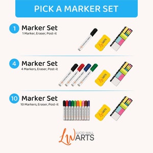 May include: A set of dry-wipe markers and accessories for a whiteboard. Choose from 1, 4, or 10 markers, an eraser, and sticky notes. The markers are labelled "Lucid Wall Arts".