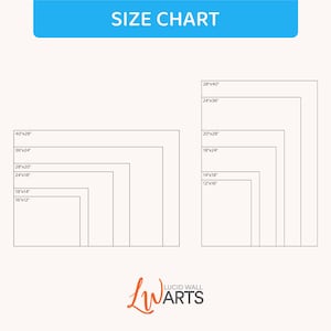 May include: A size chart for wall art prints, showing different sizes in inches. The chart includes sizes from 12x16 inches to 40x28 inches.