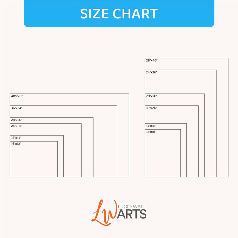 May include: A size chart for wall art prints, showing different sizes in inches. The chart includes sizes from 12x16 inches to 40x28 inches.