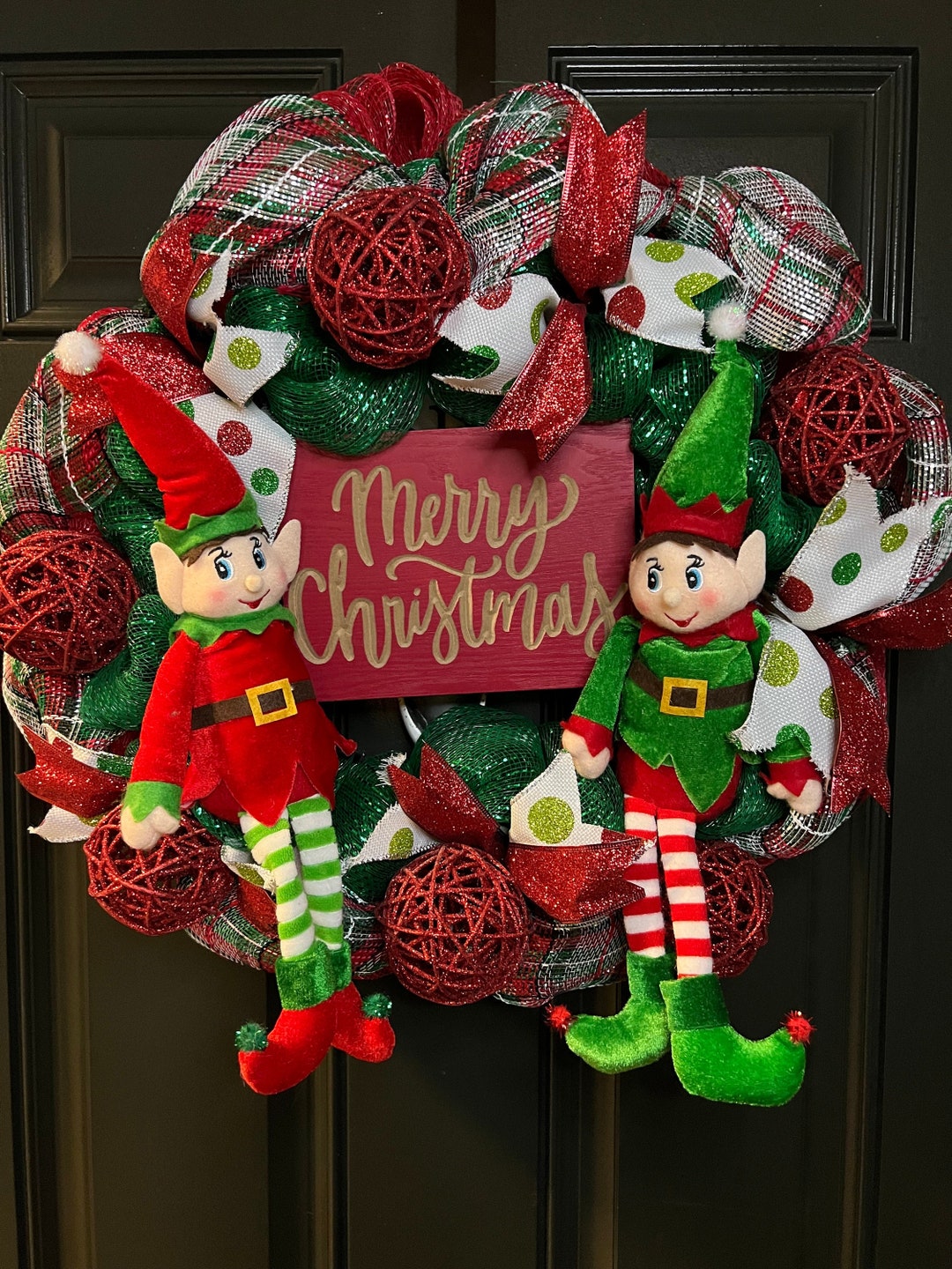 Merry Christmas Elves Green, Red, Plaid Deco Mesh Front Door Christmas