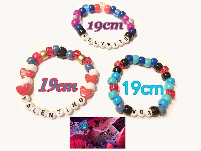 May include: Three beaded bracelets, each approximately 19cm in circumference, with colourful beads and names spelled out in letter beads. One bracelet says "VELVETTE", another "VALENTINO", and the third "VOX". A small image of cartoon characters is in the bottom corner.