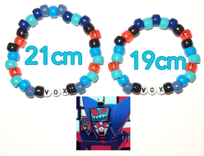 May include: Two beaded bracelets, one 21cm and the other 19cm, feature a mix of blue, black, orange, and white beads spelling "VOX". A cartoon image of a character in a suit is in the lower corner.