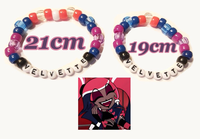 May include: Two beaded bracelets, one 21cm and the other 19cm in circumference, feature a mix of colorful beads. The word "VELVETTE" is spelled out on each bracelet. An image of a cartoon character is in the lower corner.