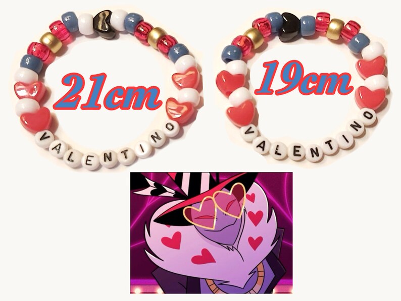 May include: Two beaded bracelets, one 21cm and the other 19cm in length, with the name "VALENTINO" spelled out. The bracelets feature red, white, gold, and blue beads, including heart-shaped beads. A cartoon image is in the lower part of the image.