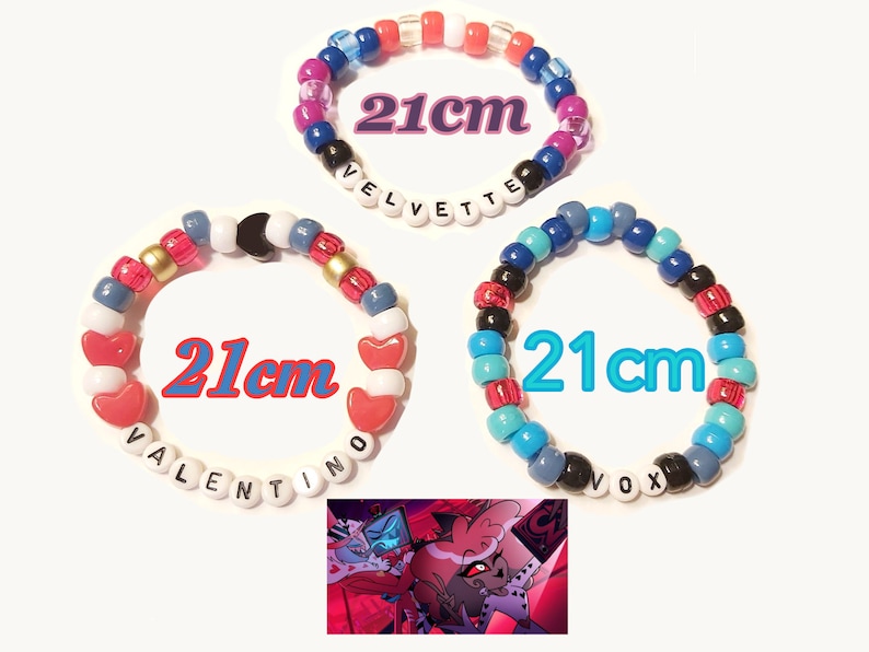 May include: Three colourful beaded bracelets, each 21 cm in circumference, with names spelled out in white letter beads. One bracelet features red heart beads. The image includes a cartoon graphic.