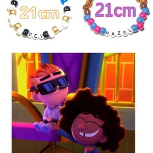 May include: Two colorful beaded bracelets with the names "Dev" and "Hazel" spelled out in white beads. Each bracelet is 21 cm long and features a variety of colors, including black, white, blue, green, pink, and brown.