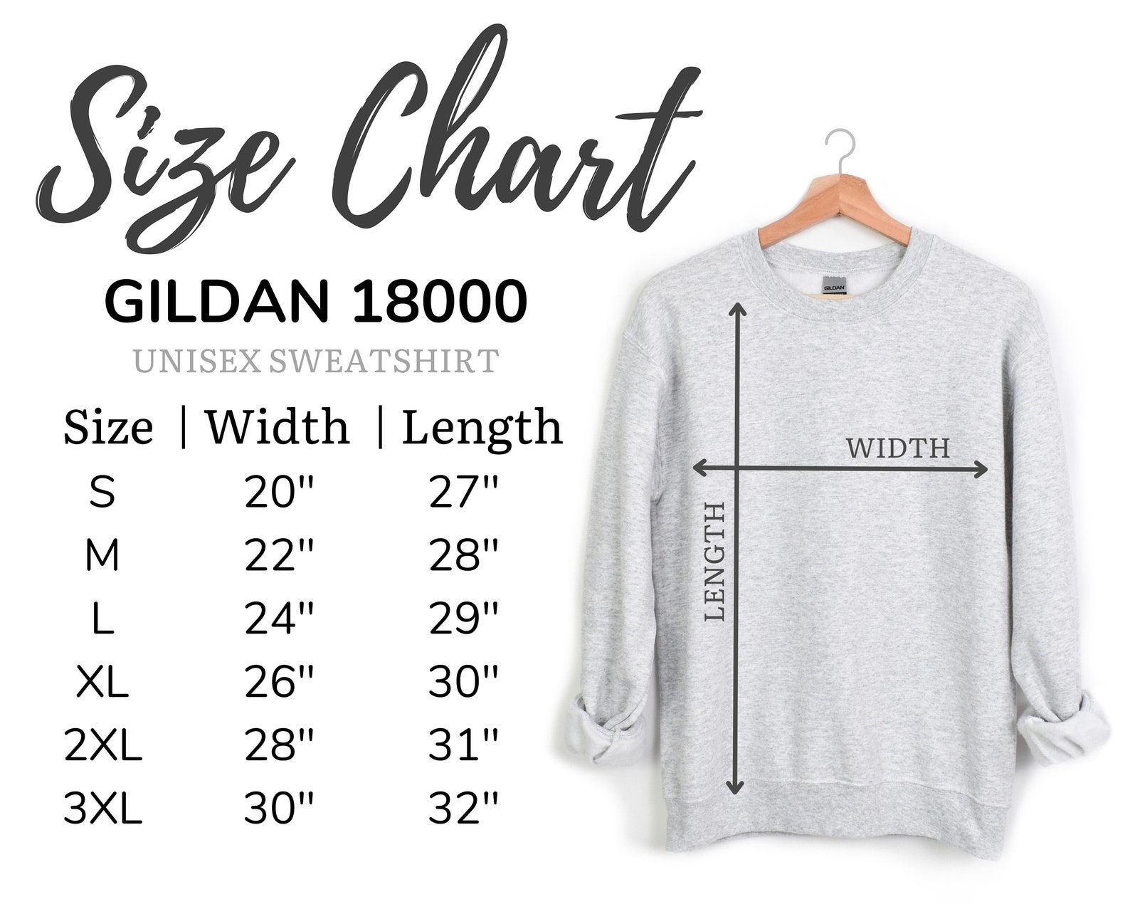 Gildan 18000 Size Chart, 18000 Mockup, Size Guide, Sweatshirt Size