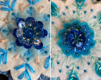 Blue & White Handmade Felt Ornament | Hand Embroidered Ornament | Folk Art Snowflake Ornament
