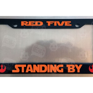 Red Five Standing By Glossy Black License Plate Frame