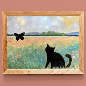 Niedliche Katze Print, impressionistische Landschaft Art Print, Illustration schwarze Katze Kunst, Schmetterling Art Print, verträumte Wiese Katze Home Decor Poster
