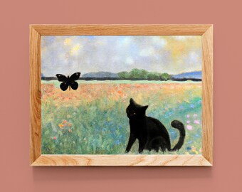 Cute Cat Print, Impressionist Landscape Art Print, Illustration Black Cat Art, Butterfly Art Print, Dreamy Meadow Cat Home Decor Poster
