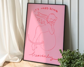 Digital Download Print "Heavenly" in Pink (24x30, 16x20, 8x10 sizes) Angel Cherub Line Drawing Minimal Cherry Art