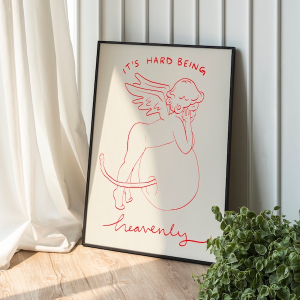 Digital Download Print "Heavenly" in Beige (24x30, 16x20, 8x10 sizes) Angel Cherub Line Drawing Minimal Cherry Art