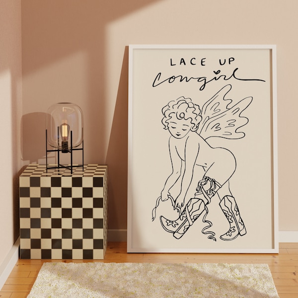 Digital Download Print "Lace Up" in Black (24x30, 16x20, 8x10 sizes) Angel Cherub Line Drawing Minimal Cowgirl Boot Ribbon Art