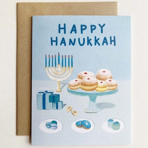 Desserts de Hanoukka et menorah | Carte de Hanoukka dessinée à la main