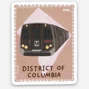 May include: A rectangular sticker designed like a postage stamp with a light brown background. It features a dark brown subway train with the letter M and the text Red on the front. The text 20¢ and DISTRICT OF COLUMBIA are printed on it.