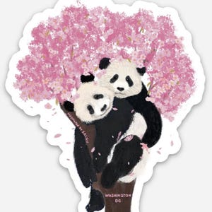 May include: Two black and white pandas hugging in a pink cherry blossom tree. The text "Illustrated by Saigu" and "WASHINGTON DC" are visible on the tree trunk.