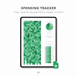 Puede incluir: Una tableta digital que muestra un rastreador de gastos con el texto "SPENDING TRACKER" y "Your spending patterns made visible." La pantalla muestra un gráfico pixelado verde, un gráfico circular y un gráfico de barras.