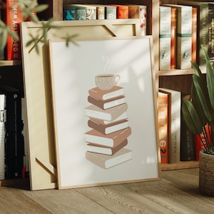 Book Stack Print, Book Printable, Bookish Poster, Book Wall Art, Book and Coffee Art